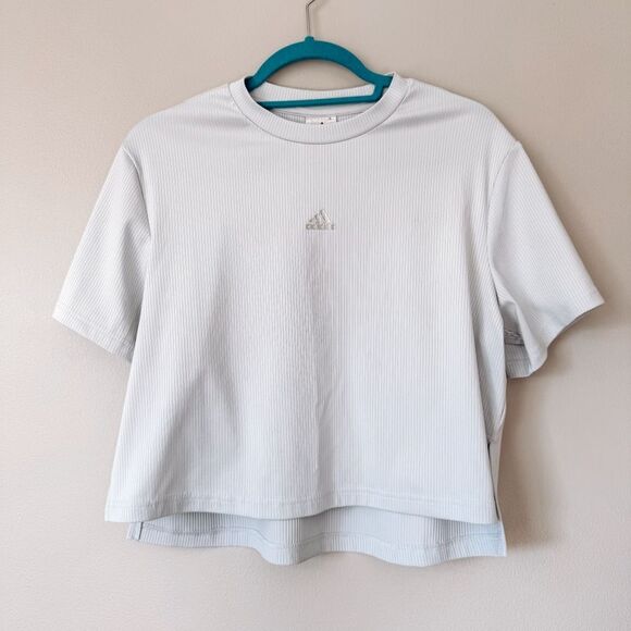 Adidas Blue Short Sleeve Cropped Light Ribbed Tee Shirt Size Small - Picture 2 of 6